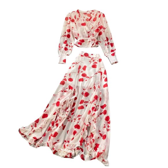 Women's V Neck Long Sleeve Chiffon Printed Dress - Picture 5 of 16